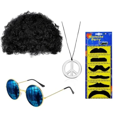 Imagen de ANROI Conjunto de Disfraces Hippies 9 Piezas para Hombres Incluye Peluca un Negro Claro, Gafas Sol, Collar Paz, Bigote, Ideal Fiestas Retro.