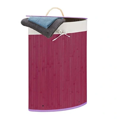 Imagen de Relaxdays Cesto Ropa Sucia Esquinero, Cubo Colada Plegable con Tapa, Canasta, Bambú, 60 L, 65 x 49,5 37 cm, Morado, Algodón