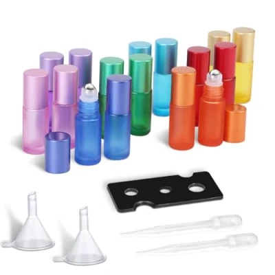 Imagen de POFIBO 16 Piezas Roll on Bottle Botellas Aceites Esenciales con Bolas de Acero Inoxidable,Botellas Aceite Esencial 5 ml,Roll Rellenable para Esenciales, Aromaterapia, Perfumes