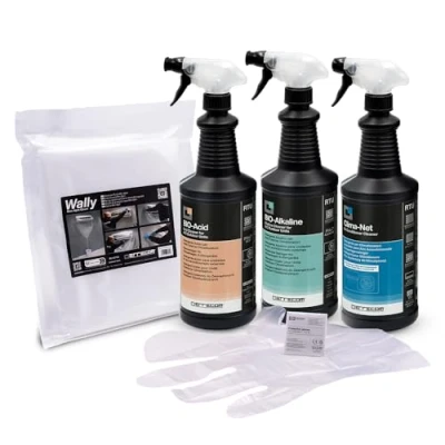 Imagen de ERRECOM Kit limpieza aire acondicionado, incluye Clima Net 1L y funda Wally para unidad interna/filtros, detergentes biodegradables Bio Acid Alkaline 2L externa, guantes