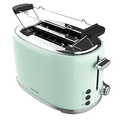 Imagen de Cecotec Tostadora 2 Rebanadas Toast&amp;Taste 1000 Retro Double Green. 980 W, Ranuras Anchas de 3,8 cm y Cortas, Acero Inoxidable, Varillas Superiores, Potencia Regulable, Bandeja recogemigas