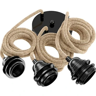 Imagen de Hoopzi Hang 3 Lamparas de Techo Colgante 2,5 Metros Cable Electrico Trenzado Portalámparas E27 Para el Salón, Dormitorio, Cocina Cuerda y Negro