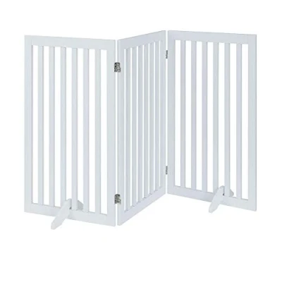 Imagen de unipaws puerta alta independiente para perros, valla plegable mascotas, barrera de madera interiores, escalera sin montaje con 2 patas apoyo (91 cm alto, 3 paneles, blanco)