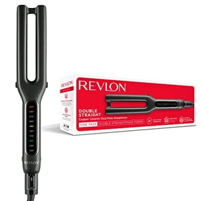 Imagen de Revlon Double Straight Alisadora (diseño de doble placa, tecnología avanzada cerámica cobre, pantalla LED, sistema memoria calor inteligente, 10 ajustes hasta 235C) RVST2204E