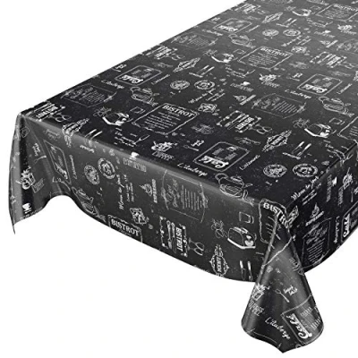 Imagen de ANRO Mantel de Hule Encerado Lavable, Color Negro, Estilo bistró, Retro, Moderno, 160 x 140 cm