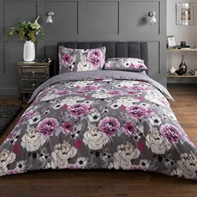 Imagen de Sleepdown Inky Juego de Funda edredón Reversible (135 x 200 cm y 1 Almohada 80 cm), diseño Floral, Color Gris