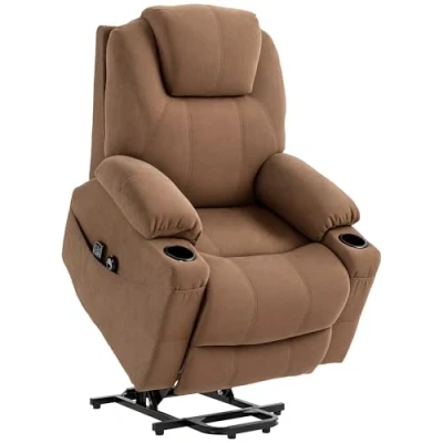 Imagen de HOMCOM Poltrona Alzapersona Elettrica Reclinabile con 8 Punti Massaggianti e Telecomando, Moderna in Tessuto Effetto Lino, 90x101x107 cm, Caffè