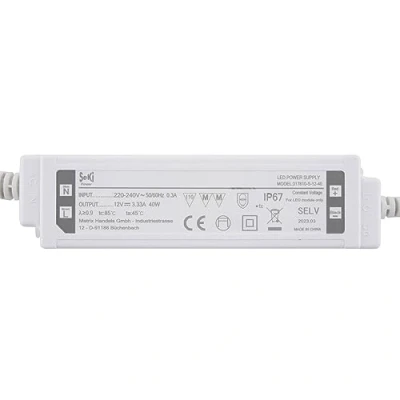 Imagen de SeKi Controlador LED de voltaje constante 12 V CC, 40 W, 3,33 A; transformador impermeable IP67, fuente alimentación, transformador, alimentación conmutada; sin carga mínima,
