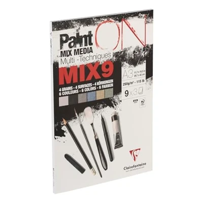 Imagen de Clairefontaine 960078C PaintON MIX9 Bloc Pegado Multitécnica 27 Hojas Papel de Dibujo Surtido con 9 Papeles x3 A3 29,7x42 cm 250g