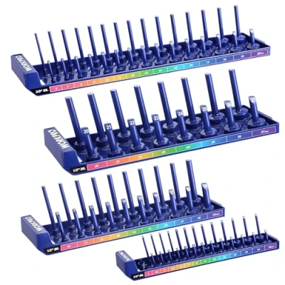 Imagen de WORKPRO 4 Piezas Soporte para Llaves de Vaso, Juego Organizadores Llave Vasos Métricos 1/4&quot;, 3/8&quot;, 1/2&quot;, Bandeja Organizadora Almacenar Vaso
