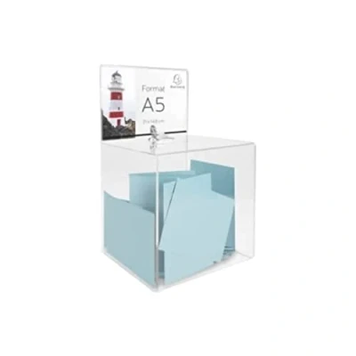 Imagen de Exacompta Ref. 89258D 1 urna con tapa cerrada llave, para boletos, votos, caja de ideas, donaciones, cartel A5, acrílico transparente Dimensiones: 21 x cm Color cristal