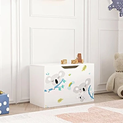 Imagen de [en.casa] Juguetero para niños Baúl con Motivo Koala Banco Caja de Almacenamiento Tapa máx. 70 kg Aglomerado 40 x 60 30 cm Blanco y Gris/Azul