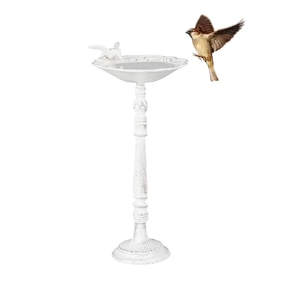 Imagen de Relaxdays Bebedero Pájaros Hierro Fundido, de Pie, Baño Aves Estilo Retro, Bañera Gorriones Exterior, 40 cm Alto, Blanco