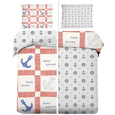 Imagen de Funda Nordica Cama 90 Marinera Ancla, Nautica Edredon 135x200 cm y 1 de Almohada 50x75 cm, Juego Ropa 2 Piezas, Fundas Nordicas Microfibra Suave