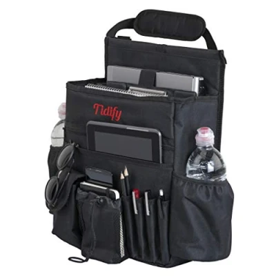 Imagen de Organizador del asiento delantero automóvil con almacenamiento para tableta/computadora portátil, correas laterales estabilizadoras, correa ajustable y hebillas: su oficina lejos de la
