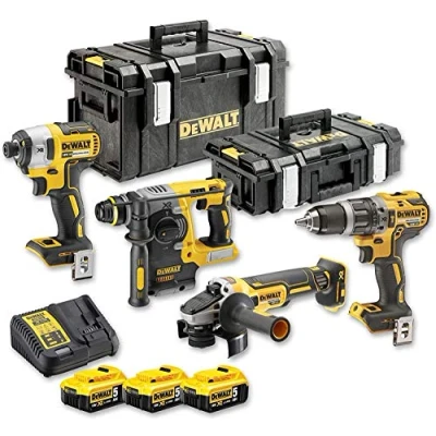Imagen de DEWALT DCK422P3 Kit Taladro Percutor 18V (DCD796), Martillo Electroneumático SDS Plus (DCH273), Mini Amoladora (DCG405), Atornillador Impacto (DCF887), 3 Baterías 5Ah (DCB184), Maletín TSTAK