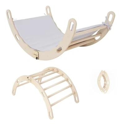 Imagen de MAMOI® Gimnasio niños, Triángulo de Escalada Materiales Naturales, para niños Madera, Interior Exterior, Tabla Curva, Equilibrio 100% Eco