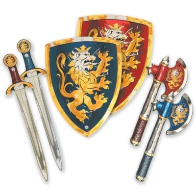 Imagen de Liontouch Noble Caballero Espadas, Escudos &amp; Hachas, Azul Rojo Juguete Medieval de Imitación en Espuma para Dos Niños con Tema León Dorado Armas Seguras y Armadura Batalla Disfraces