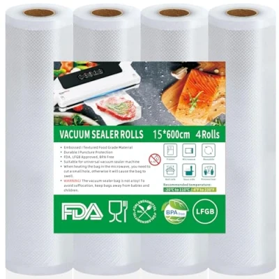 Imagen de 4 Rollos Bolsas Vacio Alimentos, 15x600cm Gofradas Rollo Envasar al BPA Free, Envasadora para Vacío e Sous Vide
