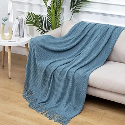 Imagen de LumiSyne Manta De Punto con Flecos Color Sólido Rejilla Piña Comoda Suave Cubresofa Cubrecama Decorativa para Sofá Cama 170x130cm