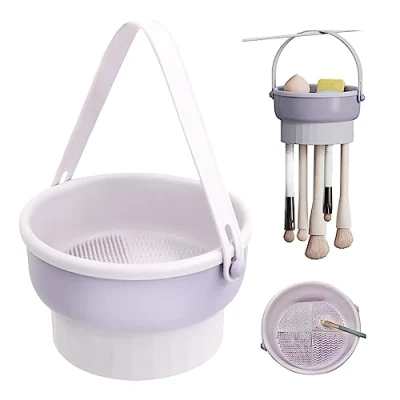 Imagen de Cosmético Cepillo Almohadillas Limpieza Silicona 3 in 1 Recipiente para Limpiador de Brochas Maquillaje, Desmontable Portaescobillas Herramienta Secado y Limpiadora