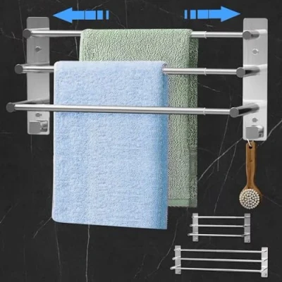 Imagen de Cinnani Toalleros de Baño sin Taladro, Toallero Acero Inoxidable Extensible 37 70cm, Adhesivo, Soporte Toallas 3 Barras con Ganchos, Pared para Ducha Cocina