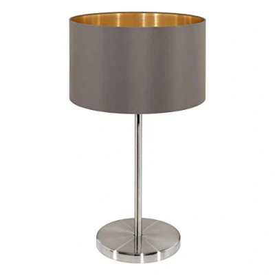 Imagen de EGLO lámpara de mesa Maserlo, escritorio textil 1 foco, luz mesita noche acero y tela, color níquel mate, capuchino, oro, portalámparas E27, incl interruptor