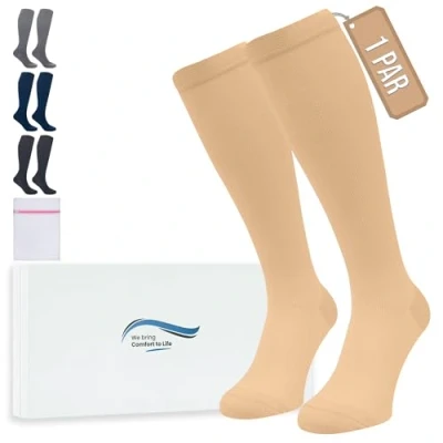 Imagen de 360 Relief Medias de Compresión para Mujeres y Hombres 1 Par Calcetine Deportes, Correr, Volar, Viaje, Trabajo, Footing S/M Beis con Bolsa Malla