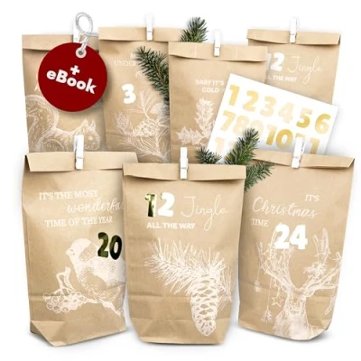 Imagen de AMARI ® Calendario de Adviento para rellenar Vintage White 24 Bolsas (con pinzas madera) hacer en Navidad Bolsa papel con pegatinas números