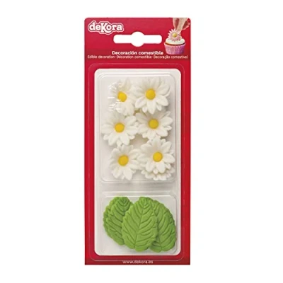 Imagen de Dekora Caja de Flores Azucar con 7 Margaritas Blancas y 5 Hojas Verdes Figuras Comestibles para Tartas Decoracion Tarta Cumpleaños Azúcar