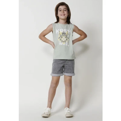 Imagen de Camiseta Sin Mangas de Niño con Estampado Tigre y Texto en Relieve Color Kaki