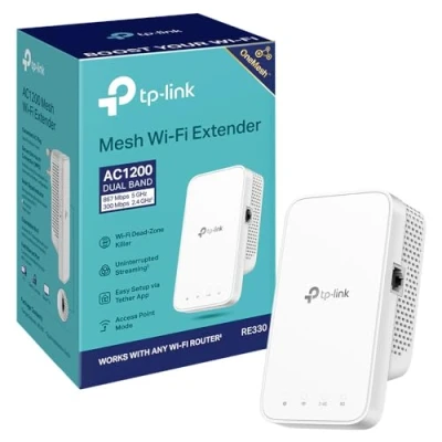 Imagen de TP Link RE330 AC1200Mbps WiFi Extender Booster, puerto Ethernet, EasyMesh, extensor de rango WiFi, amplificador Internet, punto acceso, funciona con cualquier router control aplicación
