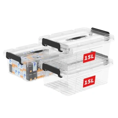 Imagen de Cetomo 15L*3 Caja de Almacenamiento con Asa, Plástico Tapa y Cierre Seguro, Contenedor Almacenamiento, Duradera, Apilable, Resistentes, Transparente, Paquete 3 15L