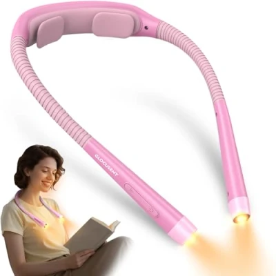 Imagen de Glocusent luz de cuello, lectura, 3 colores y 5 brillos continuos, libro con temporizador ayuda para dormir, recargable 100 horas larga duración, diseño ergonómico, perfecta