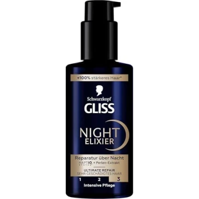 Imagen de Gliss Night Elixier Ultimate Repair (100 ml), el serum capilar regenera cabello dañado durante sueño, deja un suave y regenerado la noche