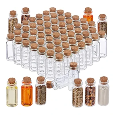Imagen de Relaxdays, Juego Unidades Mini Botellas Corcho, Set 72, Botellitas Cristal para Rellenar, 10 ml, Decoración, Transparente