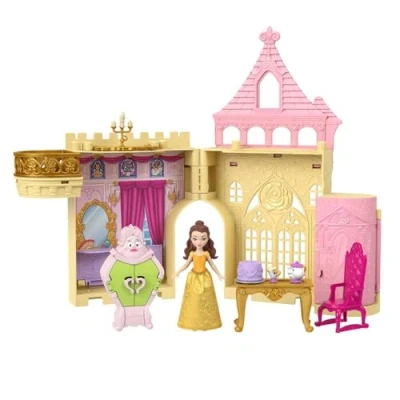 Imagen de Disney Princesas, Castillo de Bella, Conjunto apilable casa muñecas con muñeca pequeña y 9 piezas, juguetes inspirados en la película Disney, regalos para niños niñas, JDP54