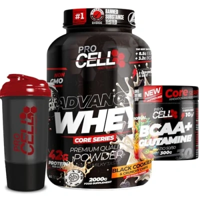 Imagen de ProCell PACK Whey Core + BCAA &amp; Glutamina 300gr Shaker REGALO proteina concentrada Aminoácidos Gana masa muscular, en polvo (2 KG, Black Cookies Crunchy Chips)