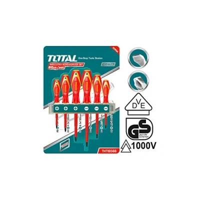 Imagen de TOTAL Juego 6 destornilladores Aislados 3 de Punta Plana y Phillips Mango Ergonómico Bimaterial Certificado VDE Especial para Trabajos Electricidad Cromo Vanadio