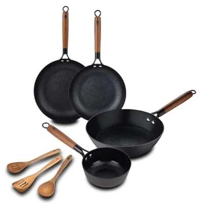 Imagen de MasterPRO ODIN Kit de Cocina: 3 Utensilios Sartén 28cm Wok 24cm Cazo 16cm Revestimiento Cerámico Antiadherente Mangos Acacia Apto Todas Cocinas Libre PFAS