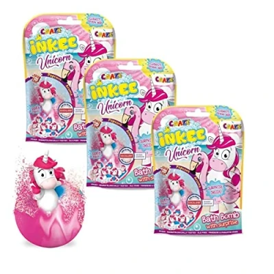 Imagen de CRAZE INKEE Pack de 3 Bombas baño para niños con figura Sorpresa Unicornio Beach, aroma a palomitas, Color rosa, 80g, 6 diseños unicornios en la playa, Sin Gluten