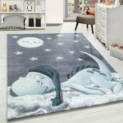 Imagen de Carpetsale24 Alfombra Infantiles, Color Azul, diseño de Dinosaurio, 111155, Rectangular, Alfombras habitación Infantil bebé, 140 x 200 cm