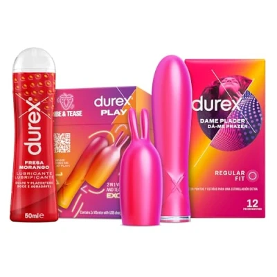 Imagen de Durex Pack Conejito Vibrador 2 en 1 VIBE &amp; TEASE, Lubricante Sabor Fresa 50 ml, Preservativos Dame Placer Juego de Dados Regalo