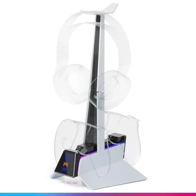 Imagen de Oniverse cargador con mando PS5 (estación de carga rápida 2 horas, soporte para y accesorio PS5, doble compatible DualSense, extraíble auriculares