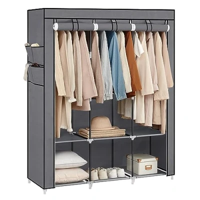 Imagen de SONGMICS Armario de Ropa, Tela Portátil, con 3 Barras para Colgar, Estantes, 4 Bolsillos Laterales, 45 x 130 167 cm, Espacioso Dormitorio, Salón, Gris RYG092G02