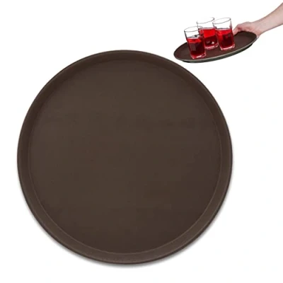 Imagen de 2 Bandejas de Bar Redondas, 35 cm Ø, Tablas Servir con Borde, Superficie Antideslizante, Plato Camarero, Marrón