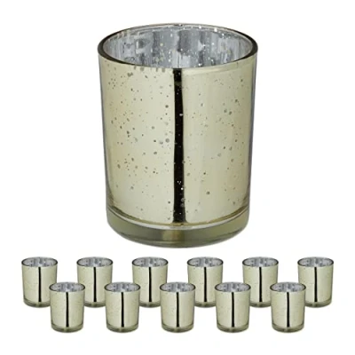 Imagen de Relaxdays Set 12 Portavelas Vidrio, Vasos Velas Cristal, Sujetavelas Decorativos, Decoración Mesa, 8,5 x 7 cm, Dorado
