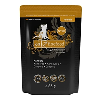 Imagen de catz finefood Purrrr Canguro Monoproteína Comida húmeda para Gatos N 107 sensibles a la nutrición, 70% de Carne, 16 Bolsas 85 g