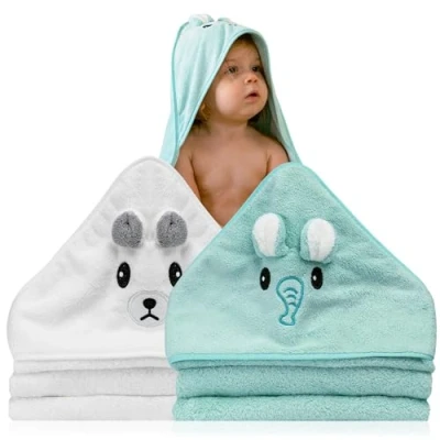 Imagen de 2 Unidades Toalla bebe Regalo recien nacido niño Toallas con capucha de animales 0 3 años Albornoz baño Capa Regalos para bebes recién nacidos (Blanco / Turquesa)