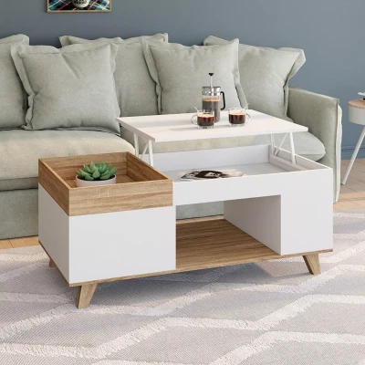 Imagen de IDMarket Mesa baja rectangular con bandeja elevable y extraíble baúl Lola Madera Blanco